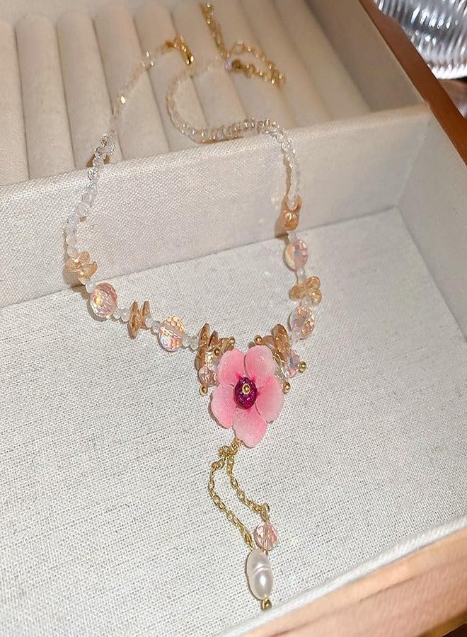 Cykdohy Cute Pink Flower Pendant Transparent Crystal Beads Choker Necklace for Women Sweet Dainty Handmade Adjustable Rhinestone Beaded Chain Necklaces Fairy Y2k Pearl Tassel Charm Summer Beach Jewelry - Image 2
